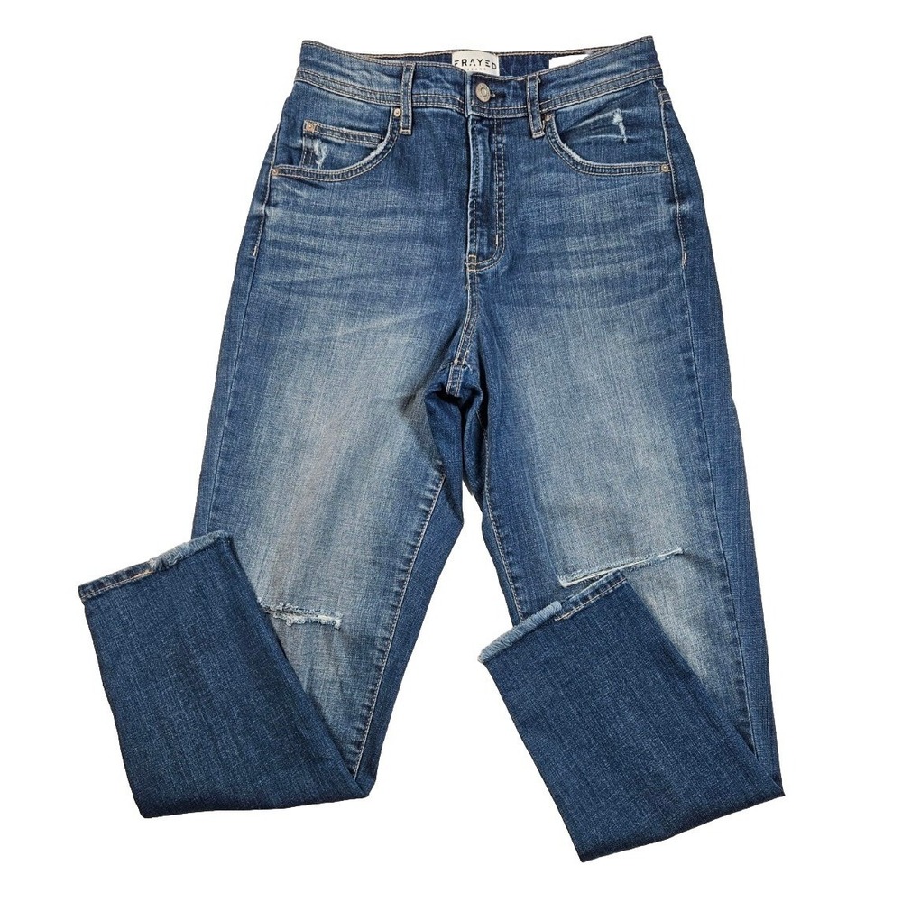 Frayed Womens Distressed High Rise Boyfriend Tapered Leg Blue‎ Jeans 26